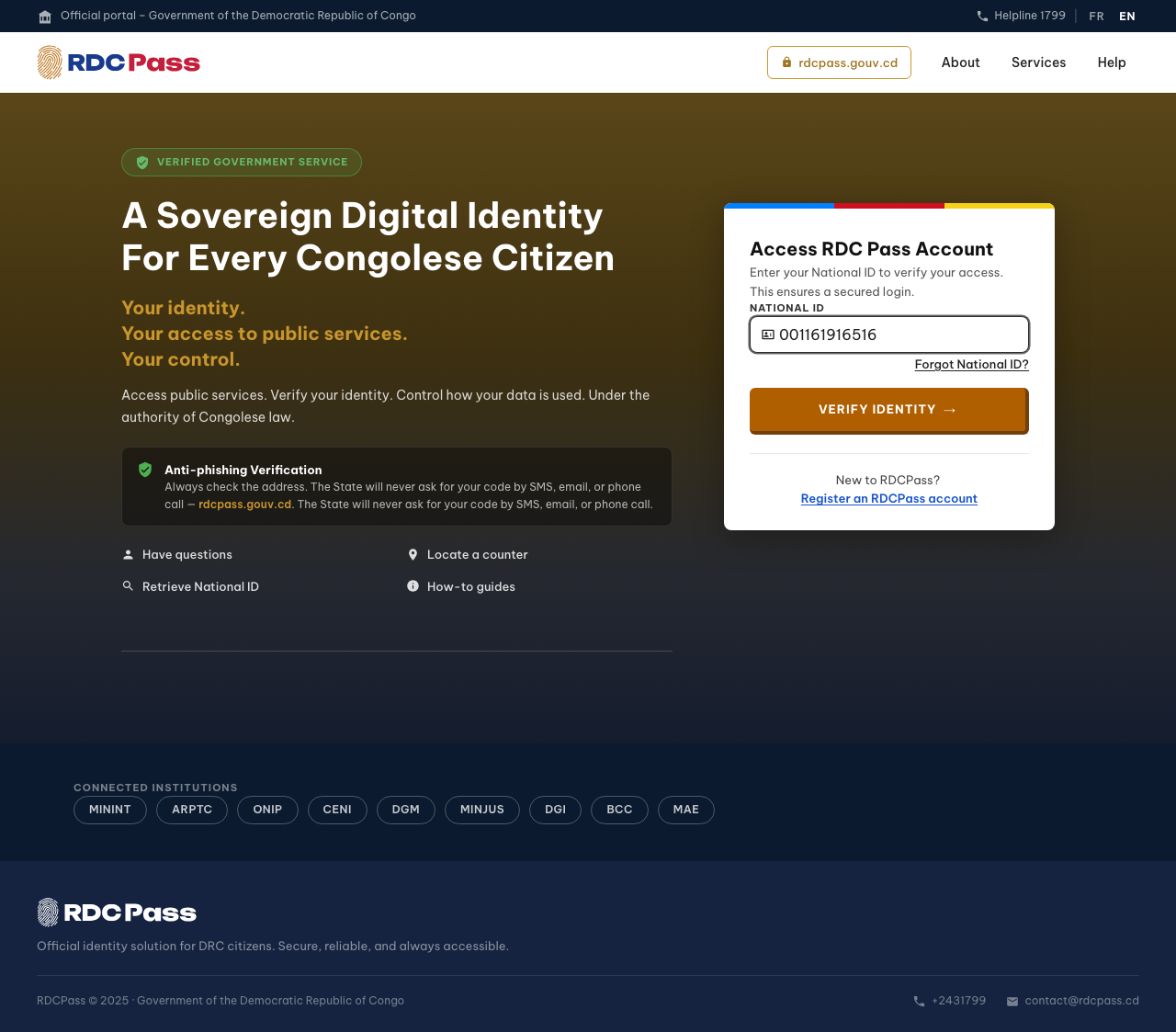 The RDC Pass page asking for your National ID