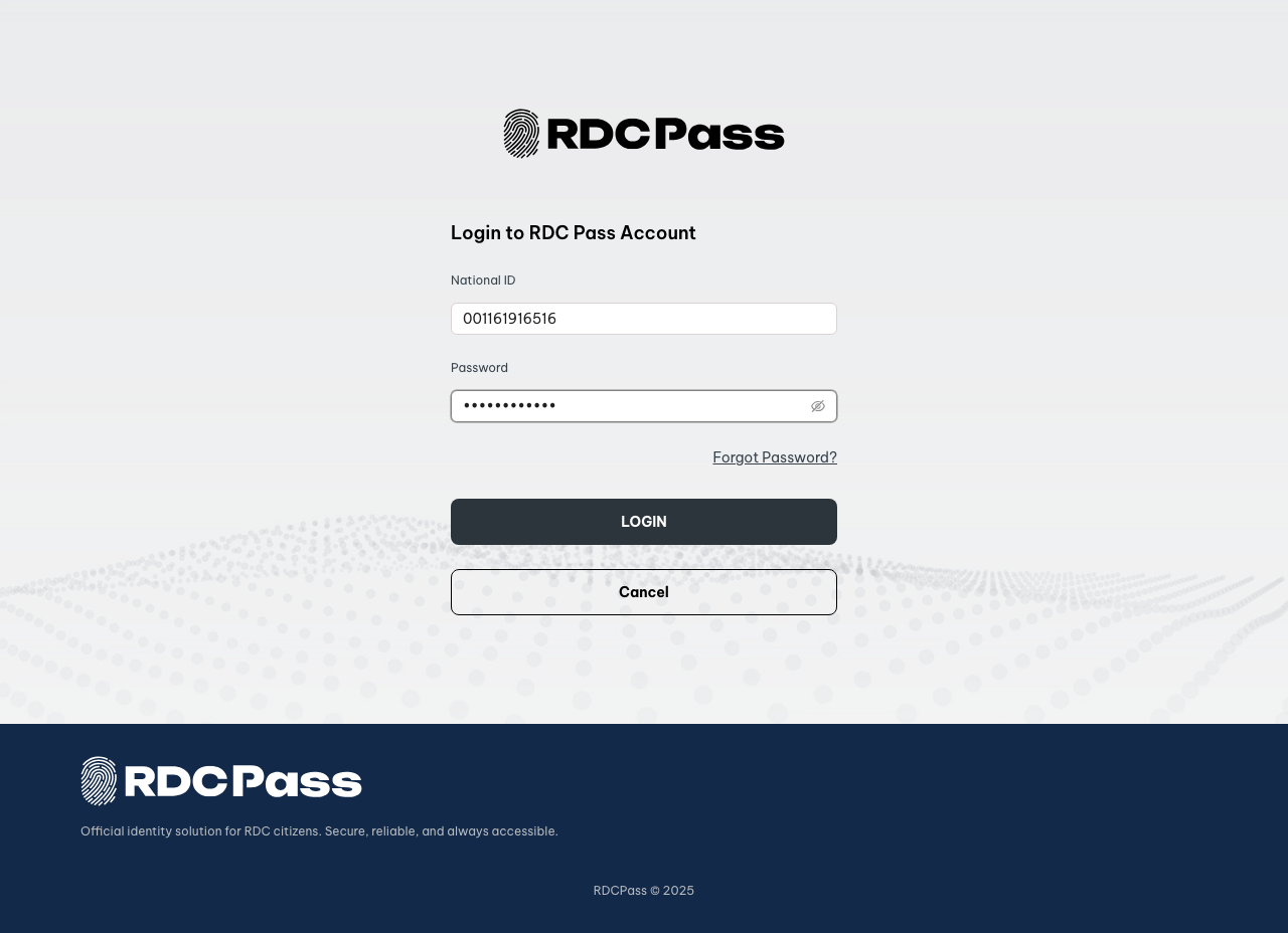 The RDC Pass password screen