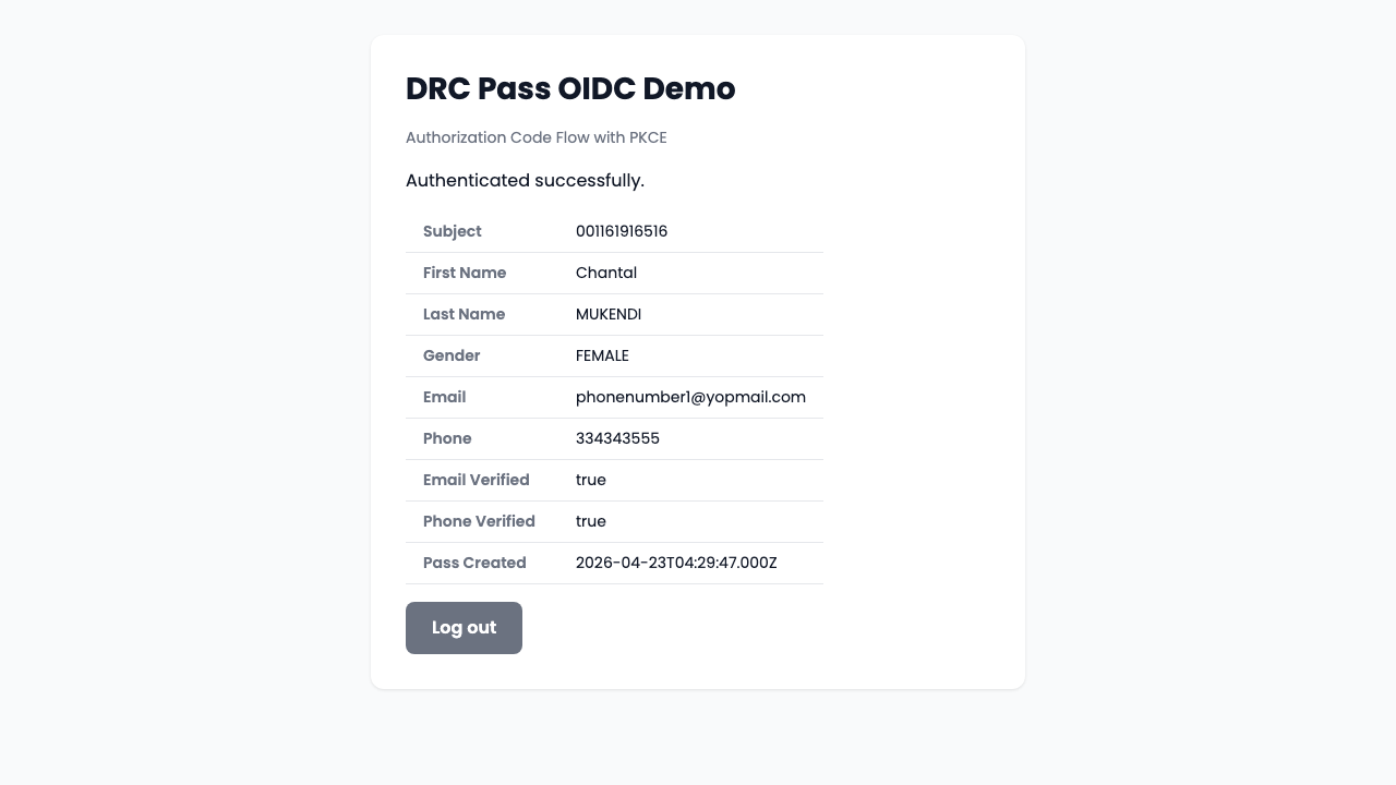 The web portal showing a successful sign-in with the citizen's details